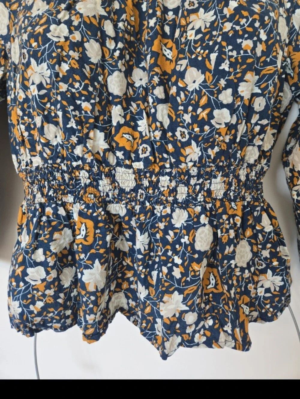 Universal Thread Navy Floral Smocked Peplum Blouse with Mustard Accents